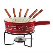 Aparelho de fondue vermelho em metal com 06 espetos