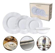Aparelho de Jantar 16 Peças Hauskraft Lidia Branco com Borda Dourada Pratos Rasos Fundos Sobremesa Bowls Opalino Jogo de Louça Premium Hauskraft