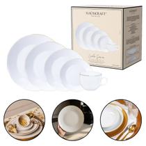 Aparelho de Jantar 20 Peças Hauskraft Catarina Branco com Borda Dourada Opalino Pratos Fundos Rasos Sobremesa Canecas