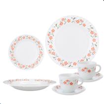 Aparelho de Jantar 20 Peças Vidro Opaline Off White Floral Rosa e Cinza Pratos, Pires e Xícaras 200ml