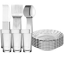Aparelho de Jantar 30 Peças 6 Pratos Fundos + 6 Copos 225ml e 18 Talheres Inox
