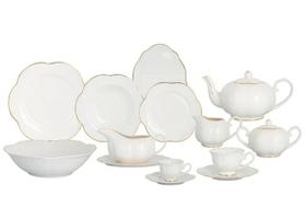 Aparelho de jantar Camélia em new bone china branco com filado dourado 49 peças