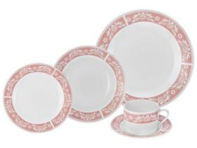 Aparelho de Jantar Chá 20 Peças Hauskraft - Porcelana Branco e Rosa Redondo Classic