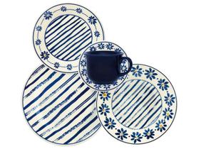 Aparelho de Jantar e Chá 20 Peças Biona Redondo de Cerâmica Azul Donna 24 Margaridas