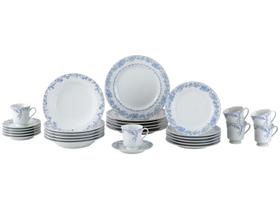 Aparelho de Jantar e Chá 30 Peças Porcelana - Schmidt Azul Redondo Peonia