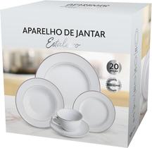 Aparelho de jantar estaleiro em porcelana branca e borda prateada - 20 peças