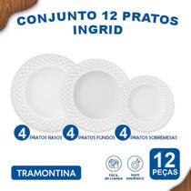 Aparelho De Jantar Jogo de Pratos Raso Sobremesa Fundo Tramontina Ingrid Porcelana Decorada 12 Peças