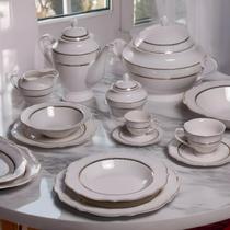 Aparelho De Jantar Jogo Pratos Chá 50 Peças Porcelana Completo Borda Dourada Trésor Luxo