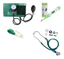 Aparelho de Pressão Esfigmomanômetro + Esteto + Garrote + Termômetro Kit Premium Verde