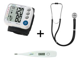 Aparelho Medidor De Pressão De Pulso + Estetoscópio Rappaport Duplo Multi + Termômetro Axilar Digital