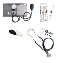 Aparelho Medidor De Pressão + Estetoscopio + Garrote + Termômetro Kit Premium Cinza