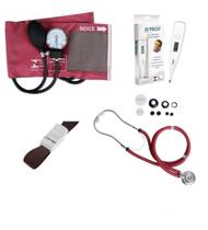 Aparelho Medidor De Pressão + Estetoscópio + Garrote + Termômetro Kit Premium Vinho