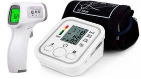 Aparelho Medidor de Pressão Pulso Digital Braço Com Voz e Tela LCD Fonte Bivolt Termômetro Infravermelho de testa Aparelho Medidor de Pressão Pulso Digital Braço Com Voz e Tela LCD Fonte Bivolt Termômetro Infravermelho de testa