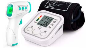 Aparelho Medidor Pressão Pulso Digital Braço Com Voz e Fonte Bivolt Termômetro Infravermelho Testa Febre PlayShop Eletronicos