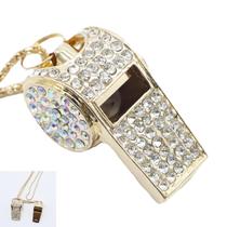 Apito QUJIFETU de Metal com Strass Dourado e Chaveiro
