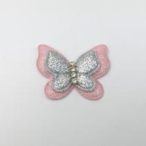 Aplique Borboleta Dupla com Paetê em Poliester Prata e Rosa Claro 4x3cm Aplique Borboleta Dupla com Paetê em Poliester Prata e Rosa Claro 4x3cm
