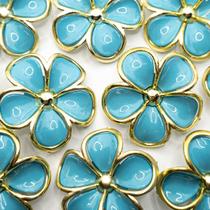 Aplique Botão Flor Resina Azul com Dourado 5 Pétalas 48mm 30pçs 162g