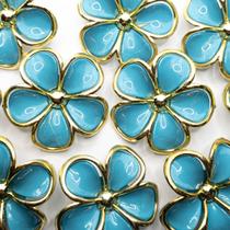Aplique Botão Flor Resina Azul com Dourado 5 Pétalas 48mm 5pçs 27g