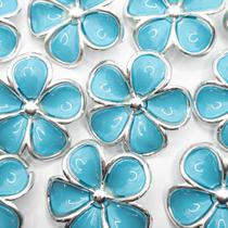 Aplique Botão Flor Resina Azul com Prata 5 Pétalas 48mm 50pçs 270g
