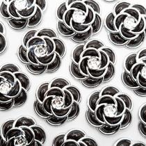 Aplique Botão Flor Rosa Resina Preto com Prata 32mm 50pçs 120g Aplique Botão Flor Rosa Resina Preto com Prata 32mm 50pçs 120g
