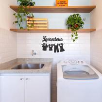 Aplique de Parede Lavanderia com Varal em MDF Preto Placa Decorativa