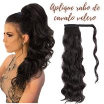 Aplique Rabo De Cavalo Preto Ondulado Alto Colante Fibra Orgânica 70cm - Weng