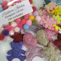 Apliques Variados + Pompons + Mini Flores - 450 Peças Mistas