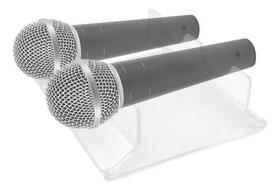 Apoiador de Microfones Duplo em Acrílico Transparente Suporte para 2 Microfones Apoiador de Microfones Duplo em Acrílico Transparente Suporte para 2 Microfones