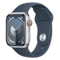 Apple Watch Series 9 41mm GPS + Cellular Caixa Prateada de Alumínio, Pulseira Esportiva Azul-tempestade, Tamanho M/G, Neutro em Carbono - MRHW3BZ/A