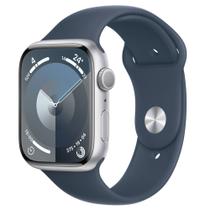 Apple Watch Series 9 45mm GPS Caixa Prateada de Alumínio, Pulseira Esportiva Azul-Tempestade, Tamanho P/M, Neutro em Carbono - MR9D3BZ/A