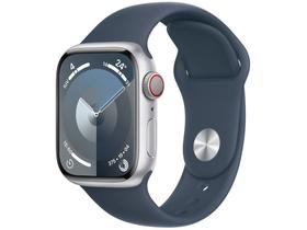 Apple Watch Series 9 GPS + Cellular Caixa Prateada de Alumínio 41mm Pulseira Esportiva Azul-tempestade P/M