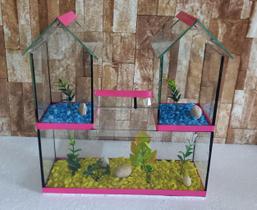 Aquario Beteira Castelo III Tripla 3 Compartimentos Peixe Betta decorado pedrinhas e planta artificial