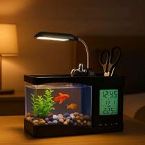 Aquário de Mesa Decorativo com Relógio e Luz LED