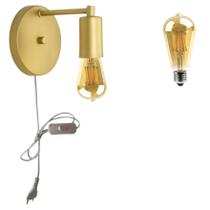 Arandela Abajur Parede Dourado Interruptor Branco + Lâmpada