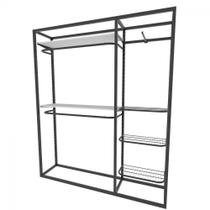 Arara closet, estilo industrial, guarda roupas aberto com 15 peças preto e branco fbprb301 - Closet Fácil