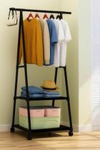 Arara de Roupas Cabideiro Portátil Preto com 2 Prateleiras Sapateira e Rodinhas Armário Organizador Multiuso para Ambientes Pequenos