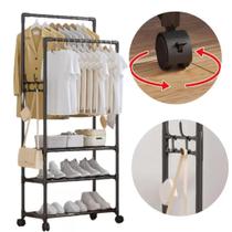 Arara Dupla Cabideiro Com Sapateira Rodinha Cabide Prateleiras