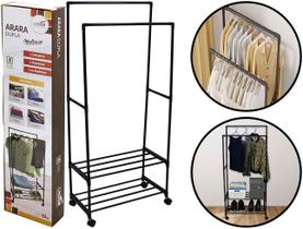 Arara Dupla Em Ferro Closet Organizador Para Roupas Cabideiro Com Sapateira Prateleira Rodinhas Multiuso