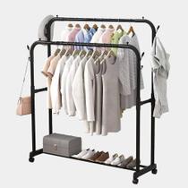 Arara dupla guarda roupa 3 prateleiras cabideiro sapateira rack organizador expositor rodinhas vitrine