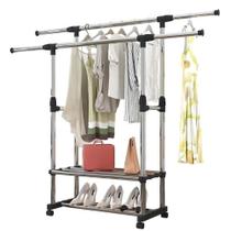 Arara dupla inox extensível organizador guarda-roupa sapateira cabideiro 2 prateleiras