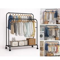 Arara dupla prateleiras portatil cabideiro metal preto