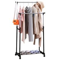 Arara Dupla Roupas Altura Regulável Sapateira Rodinhas com Trava Aço Inox Largura Organização