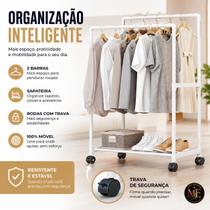 Arara Organizadora Cabideiro De Roupas Duplo Com Sapateira E Rodas Metal Branco Prateleira Closet Quarto Portátil Com Trava Arara Organizadora Cabideiro De Roupas Duplo Com Sapateira E Rodas Metal Branco Prateleira Closet Quarto Portátil Com Trava