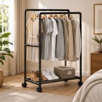 Arara para Roupas Dupla Fixa com Prateleira e Rodízios Preta Resistente e Ideal para Organização de Quartos, Closets e L Arara para Roupas Dupla Fixa com Prateleira e Rodízios Preta Resistente e Ideal para Organização de Quartos, Closets e L