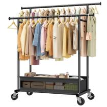 Arara para roupas Snhomee com duas barras, cesto e rodízios