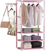 Arara roupas cabideiro guarda roupa portatil sapateira 3 prateleiras organizador multifuncional Arara roupas cabideiro guarda roupa portatil sapateira 3 prateleiras organizador multifuncional