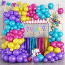 Arco de balão rosa, roxo, azul, 132 peças de guirlanda mágica com balões rosa choque, azul-petróleo, roxo e amarelo, balões de néon multicoloridos Fiesta Rainbow Carnival para decoração de festa de aniversário de princesas