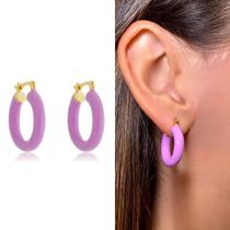 Argola, Brinco Tubo Italiano Resinada Lilás M Banhado a Ouro Semijoia Antialergico Argola, Brinco Tubo Italiano Resinada Lilás M Banhado a Ouro Semijoia Antialergico