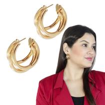 Argola de Ouro Tripla Tubos Moda Banhada brinco grande festa brinco banhado a ouro argola moderna três tubinhos Argola de Ouro Tripla Tubos Moda Banhada brinco grande festa brinco banhado a ouro argola moderna três tubinhos