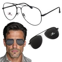 Armação Aviador Grande Masculino Com Clip On Sol Polarizado Preto